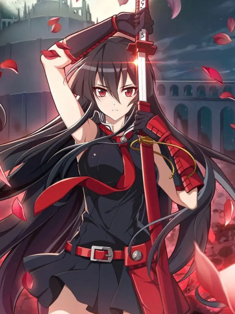 An anime girl with long black hair and red eyes, wearing a black outfit with red accents and holding a glowing red sword…
