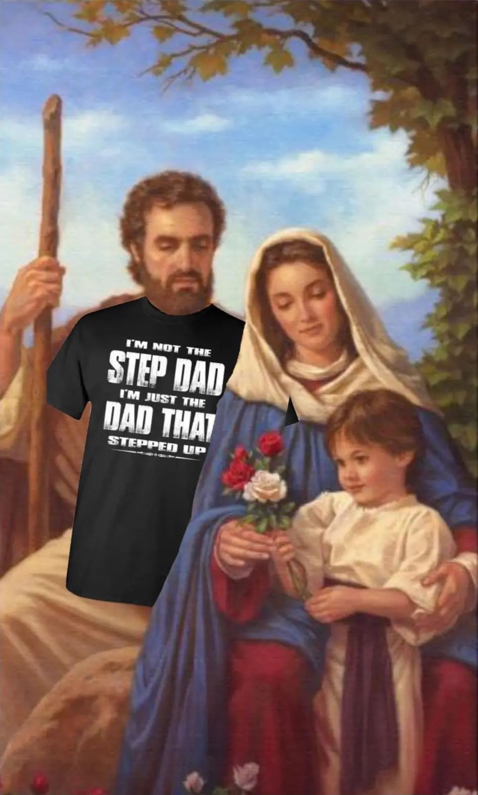 A meme image features a classical religious painting of a bearded man holding a staff, a woman in a blue and red robe…