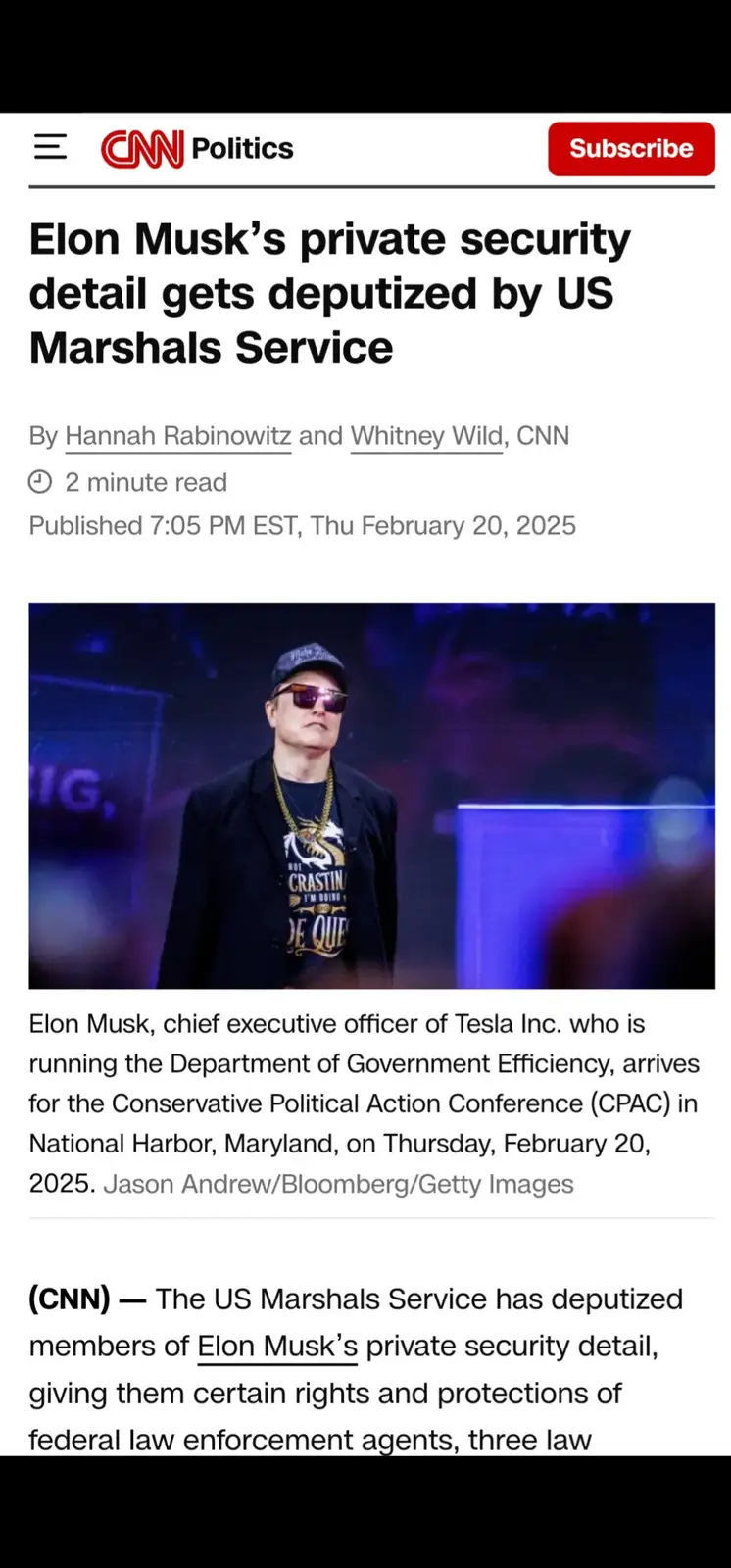 A screenshot of a CNN Politics article from February 20, 2025, featuring a photo of Elon Musk wearing sunglasses and a cap…