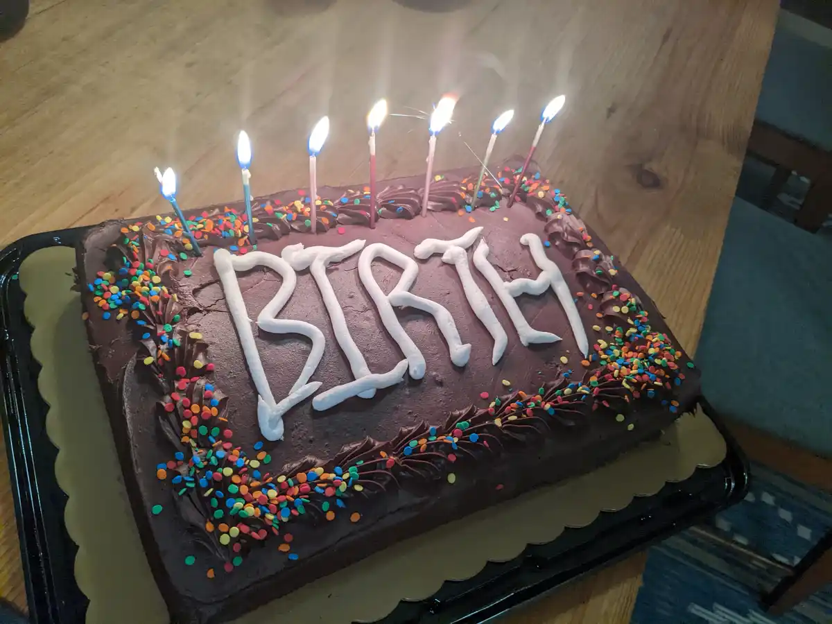 A rectangular chocolate birthday cake with white frosting spelling 'BIRTH' and colorful sprinkles around the edges, topped…
