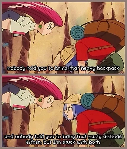 Two-panel anime scene from 'Pokémon' featuring a pink-haired girl and a blue-haired boy with a large backpack. In the first…
