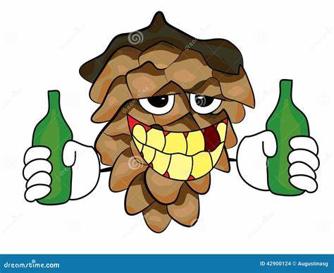 A cartoon pinecone with a grinning, toothy face and angry eyes is holding one green bottle in each hand. The pinecone has a…