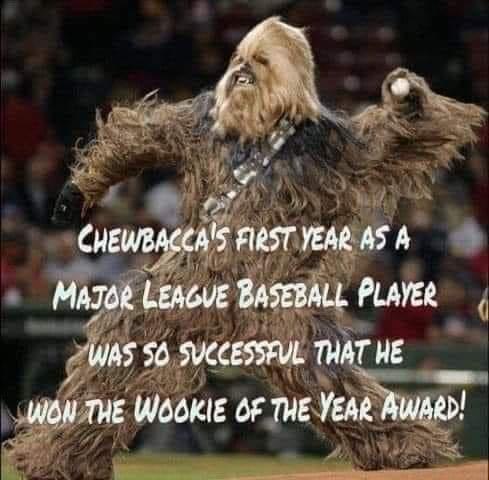 A photo of the Star Wars character Chewbacca, dressed in a baseball uniform and holding a baseball, posed as if celebrating…