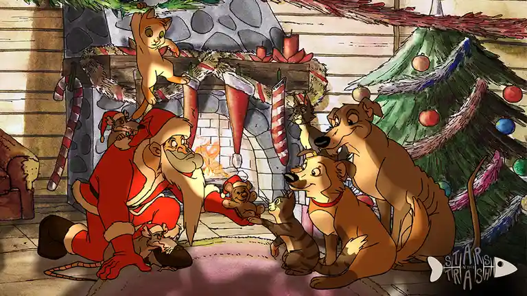 A festive, hand-drawn illustration depicts Santa Claus sitting by a stone fireplace with a fire burning, surrounded by…