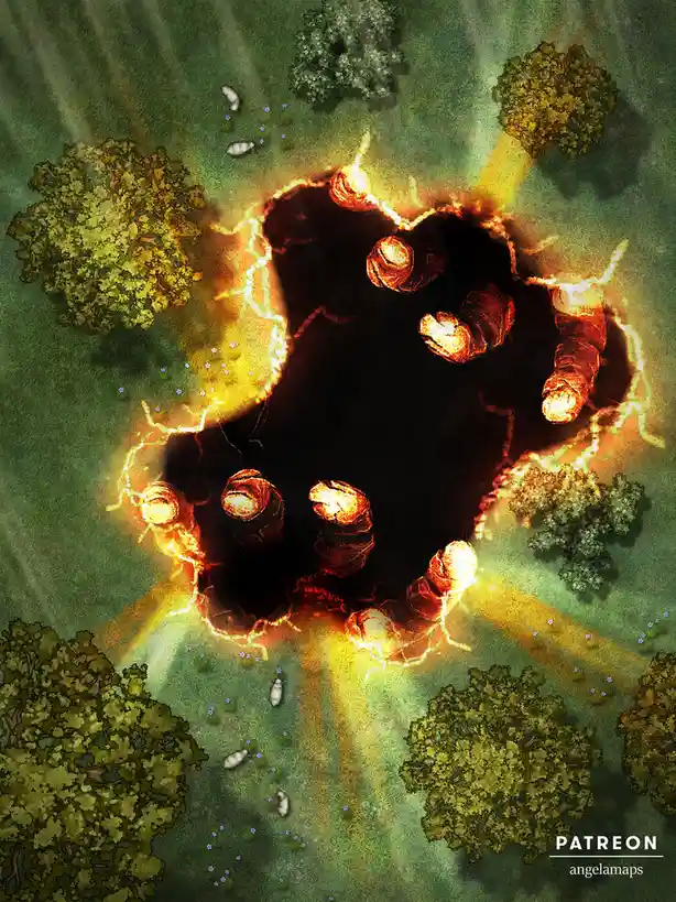 An overhead fantasy map view shows a dark, glowing void with jagged, fiery edges breaking through a green grassy field with…