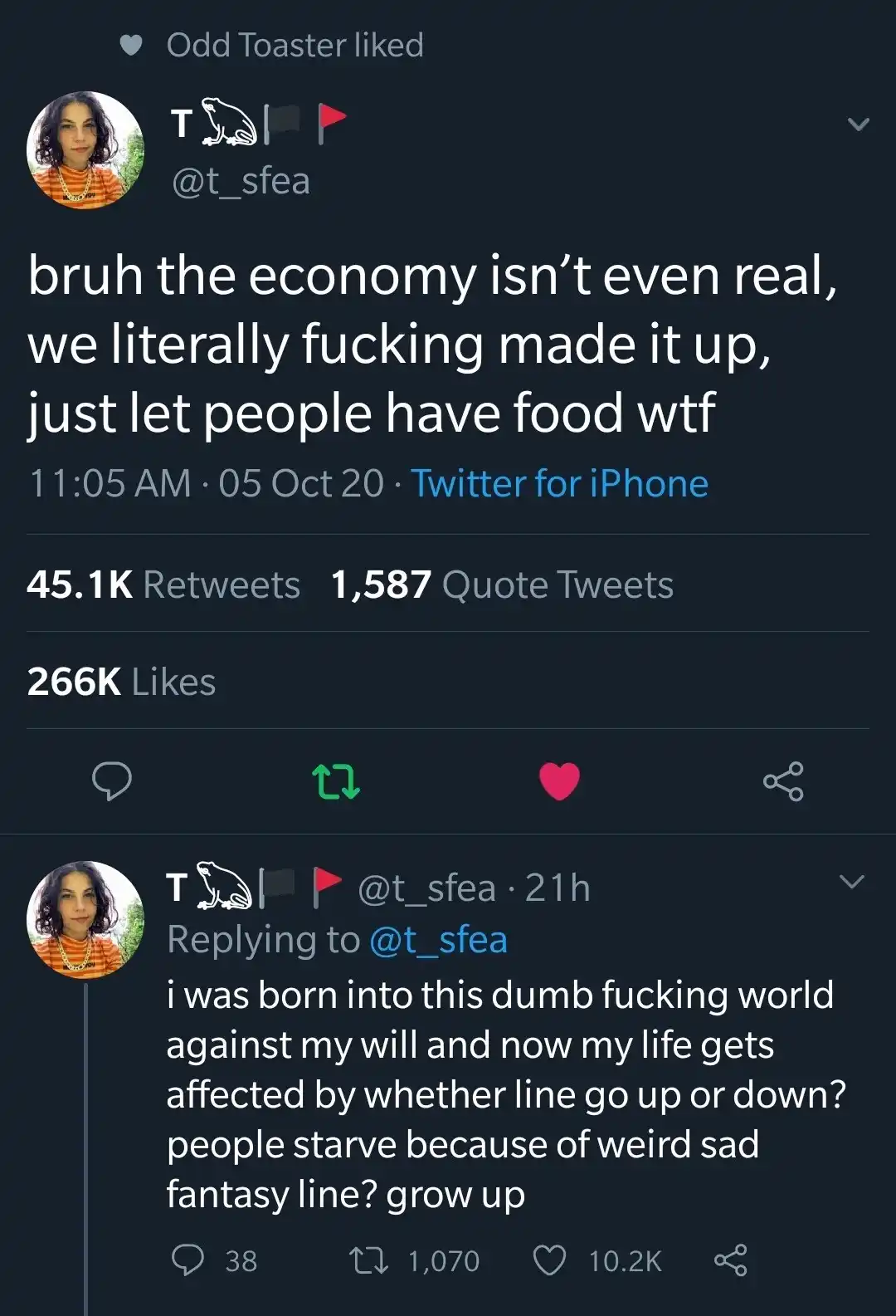 A screenshot of a Twitter thread showing a user named @t_sfea posting a tweet that says 'bruuh the economy isn't even real…