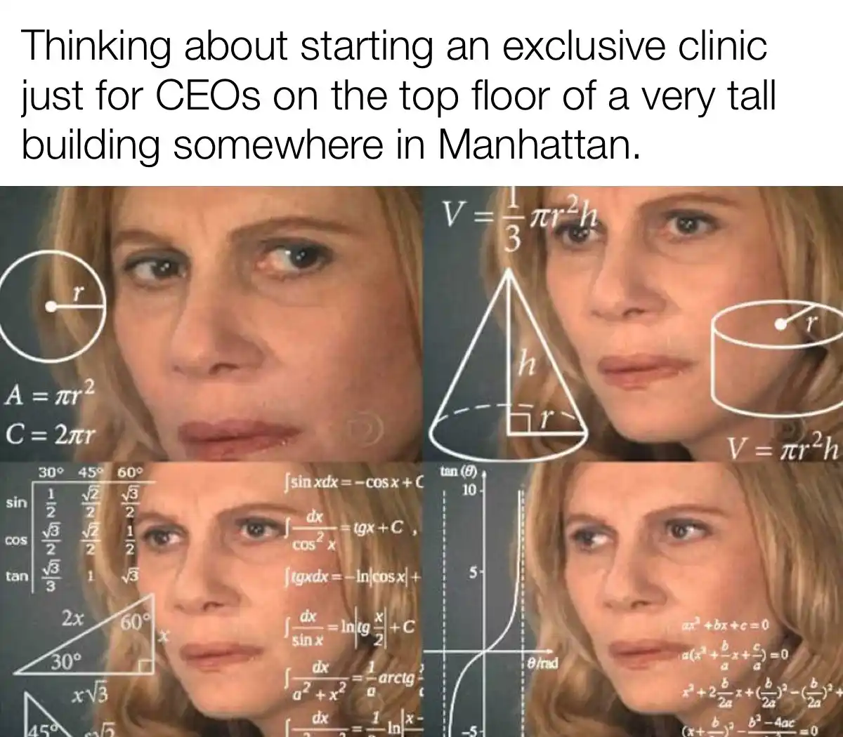 The image is a four-panel meme featuring the same woman with a confused, overwhelmed expression, overlaid with increasingly…