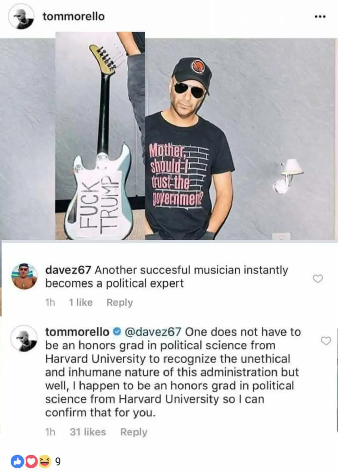 The image shows musician Tom Morello standing next to a guitar with a sign that reads 'FUCK TRUMP'. He is wearing a black…