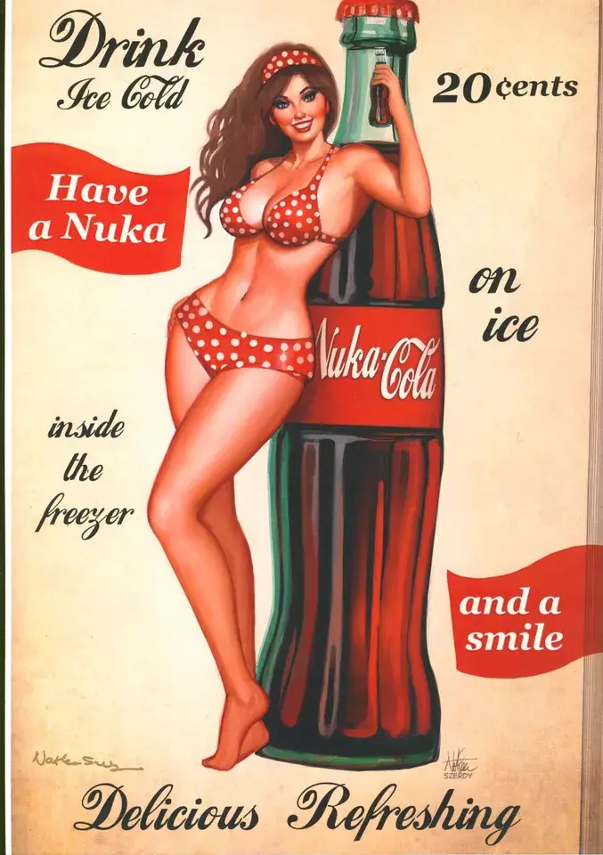 A vintage-style advertisement features a smiling woman in a red polka-dot bikini leaning against an oversized Nuka-Cola…