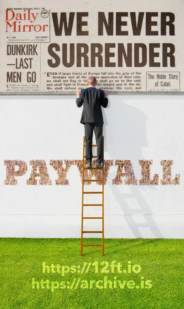 A man in a suit stands on a ladder, reaching up to touch a large newspaper clipping that reads 'WE NEVER SURRENDER' from the…