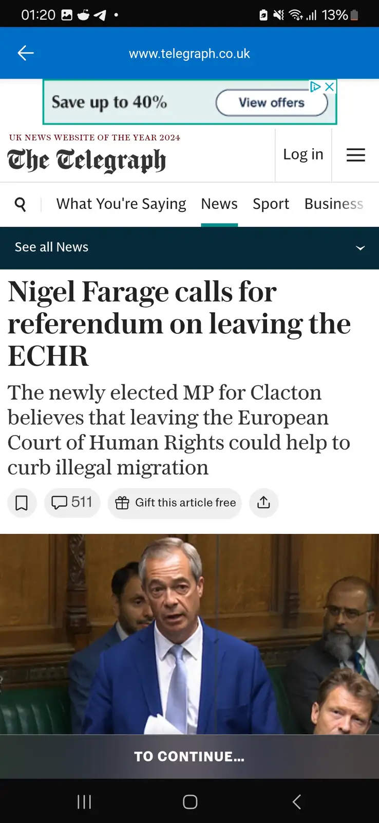 A screenshot of a news article from The Telegraph shows Nigel Farage speaking in Parliament, with the headline 'Nigel Farage…