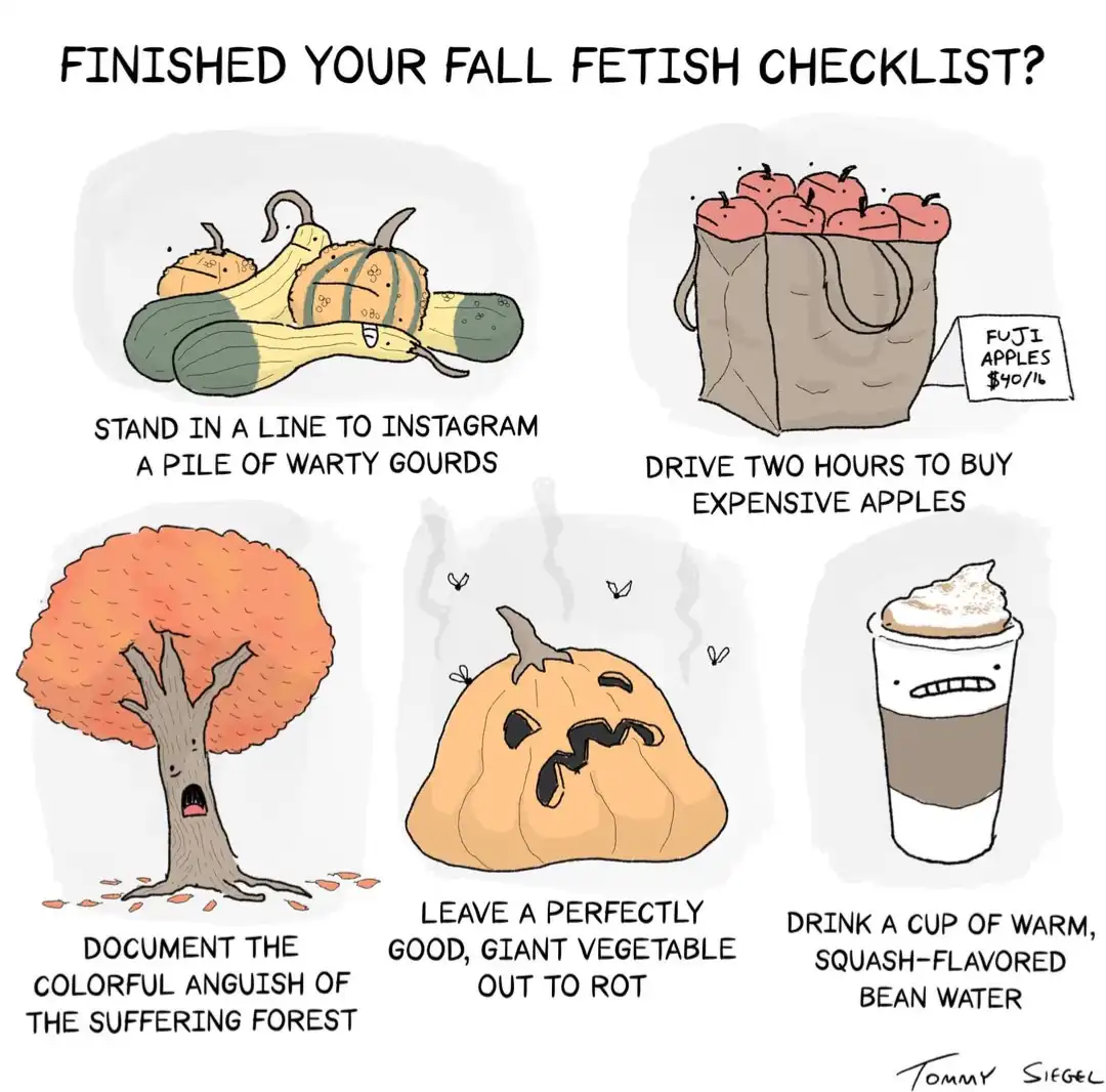 A cartoon image displays five fall-themed activities as a 'checklist' with humorous captions: a pile of warty gourds, a bag…