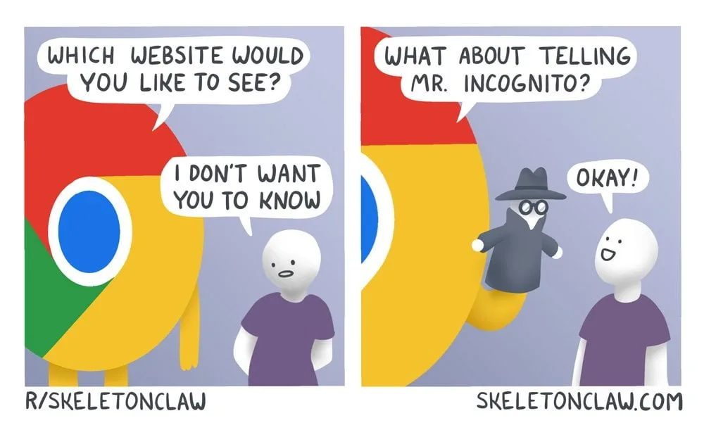 A two-panel comic shows a person asking a Google Chrome mascot which website they want to see, and the person replies they…