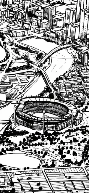 A black-and-white line drawing shows an aerial view of a city with a large, modern stadium in the foreground. A winding road…