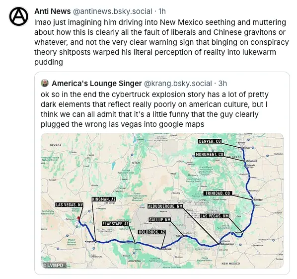 A map shows a blue route from Las Vegas, NV, through Arizona and New Mexico, ending at Las Vegas, NM, with black arrows…