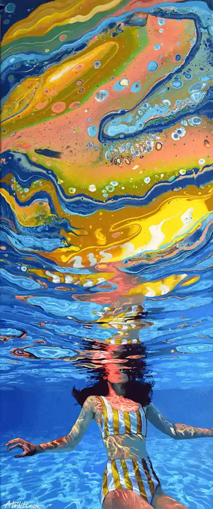 A painting depicts a woman underwater in a striped swimsuit, looking up at a vibrant, swirling, abstract sky of blues…