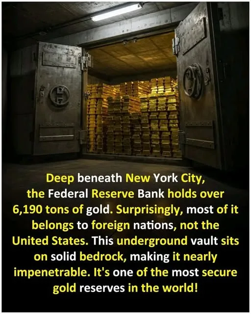 An image of a massive, open steel vault door revealing stacks of gold bars inside. The text overlaid in yellow says: 'Deep…