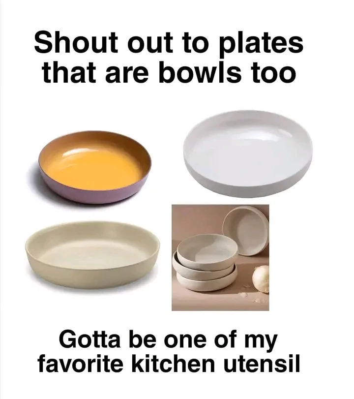 The image displays four different kitchenware items: a shallow bowl with a yellow interior and purple rim, a white shallow…