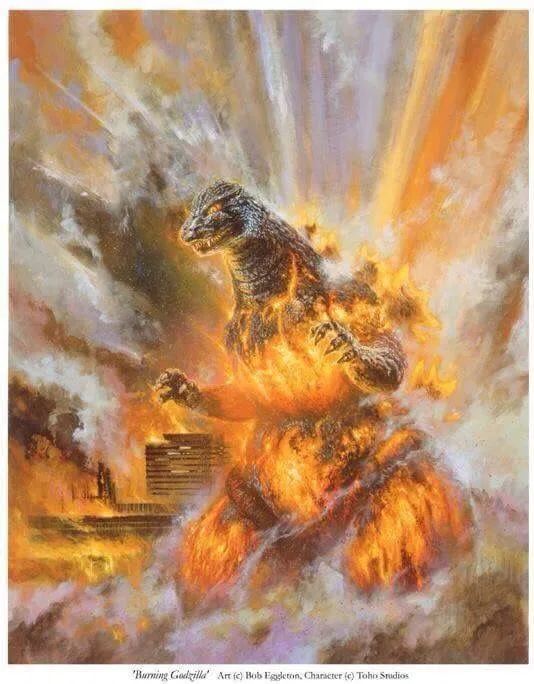 A dramatic painting depicts Godzilla engulfed in flames, standing amidst a burning cityscape with smoke and fire radiating…