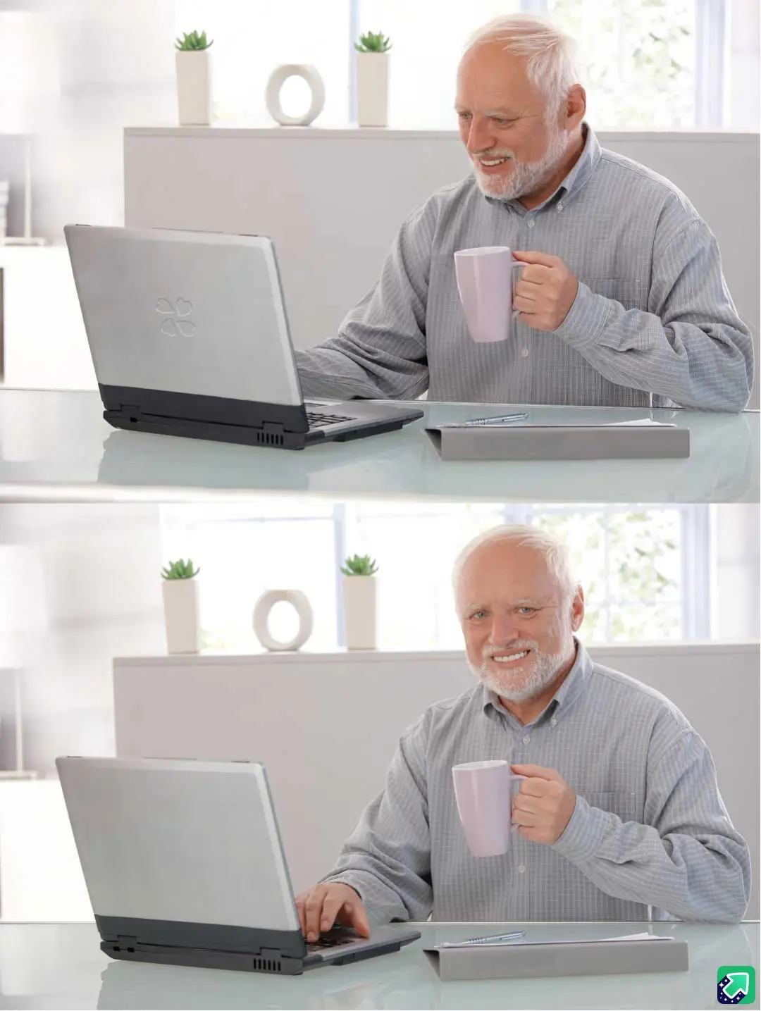 A split image shows an older man with white hair and a beard sitting at a glass desk. In the top panel, he smiles while…
