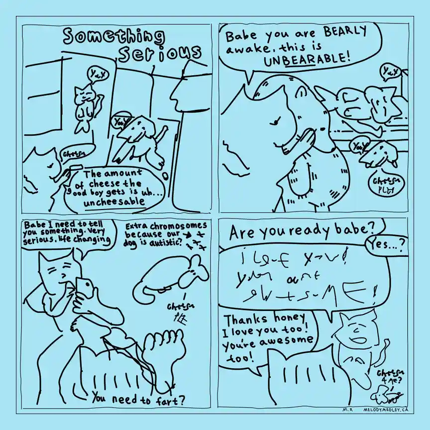 A four-panel comic strip with cartoon cats and a dog, where one cat dramatically complains about cheese, another yells about…