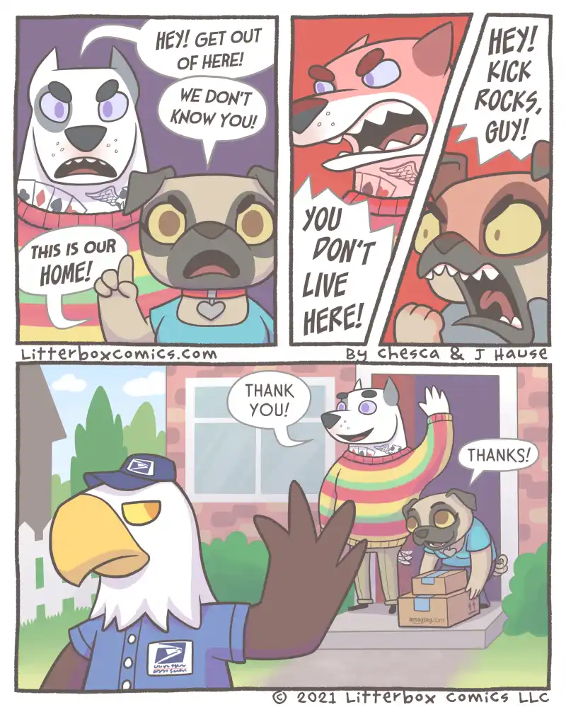 A three-panel comic strip featuring anthropomorphic dogs. In the first panel, two dogs (a white one and a pug) angrily shout…