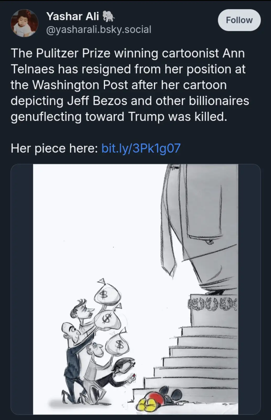 A black-and-white political cartoon shows several billionaires kneeling and carrying money bags toward a giant statue of…