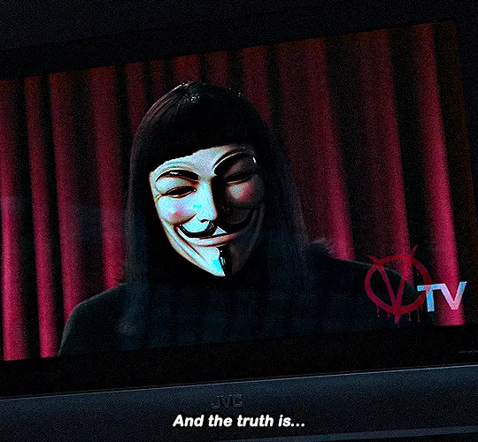 A six-panel image grid shows a person wearing a white Guy Fawkes mask against a red curtain backdrop, with a TV logo in the…
