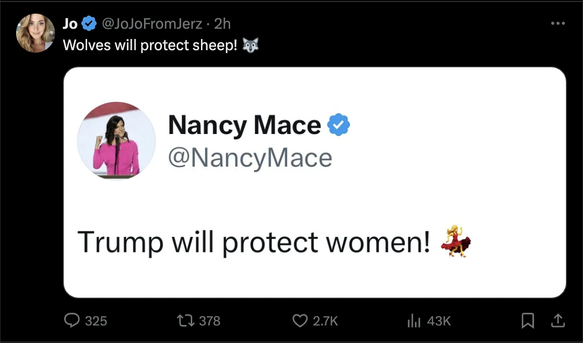 A screenshot of a tweet by user Jo (@JoJoFromJerz) that reads 'Wolves will protect sheep!' with a wolf emoji. The tweet is a…