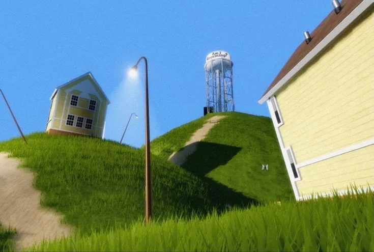 A 3D-rendered scene shows two yellow houses on grassy hills under a clear blue sky, with a water tower in the distance. The…