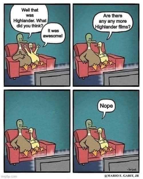A four-panel comic strip featuring two cartoon ducks on a red couch watching TV. In the first panel, one duck asks the other…