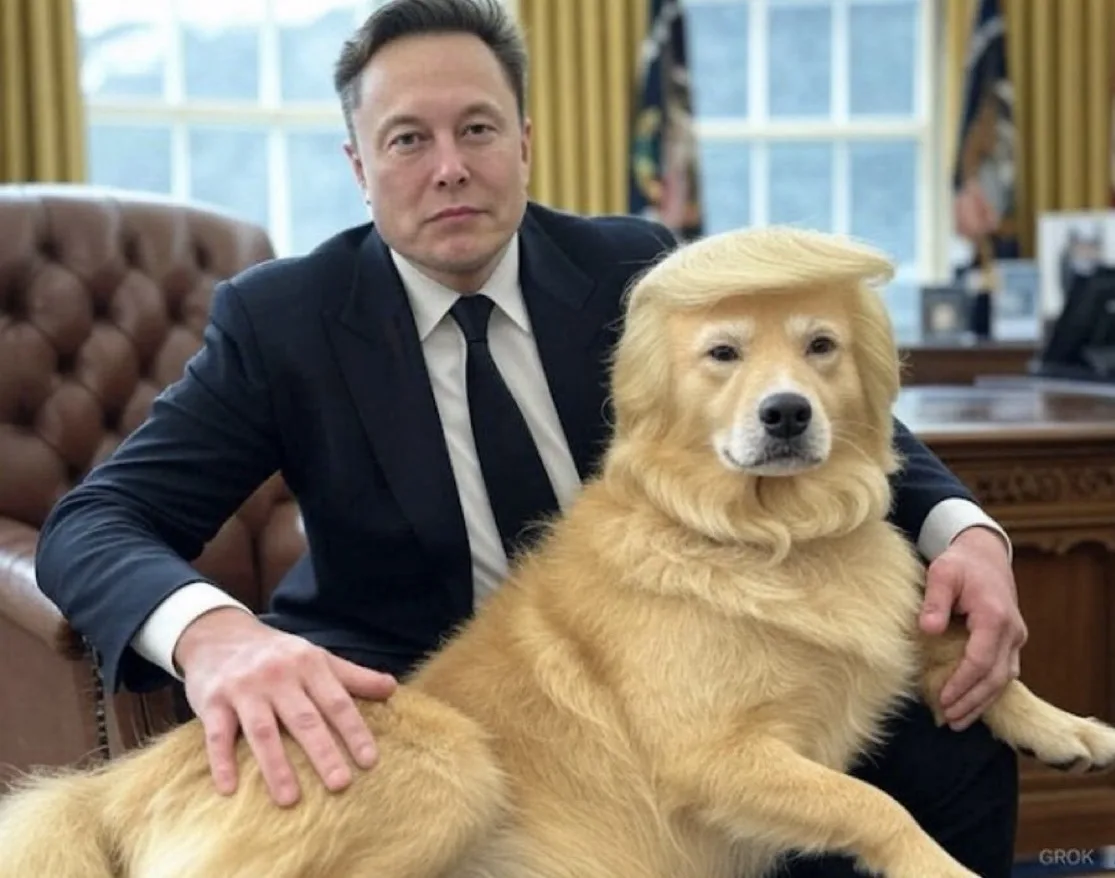 elton john sits in an office chair next to a golden retriever wearing a blonde wig styled like donald trump's signature…