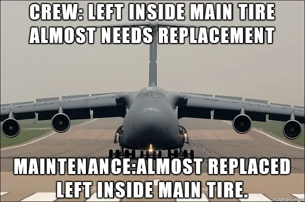 A front-facing view of a large military transport aircraft on a runway, with bold white text overlaid in two sections. The…