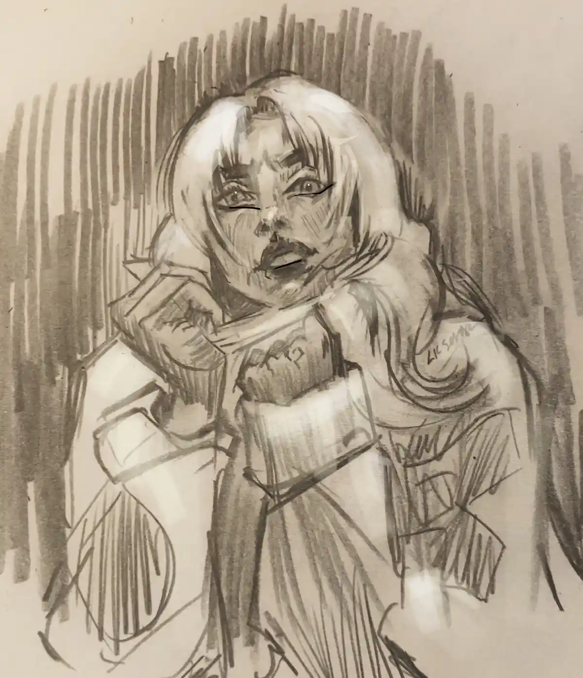 A black-and-white sketch depicts a person with short hair, wearing a hooded garment, holding a book or tablet close to their…