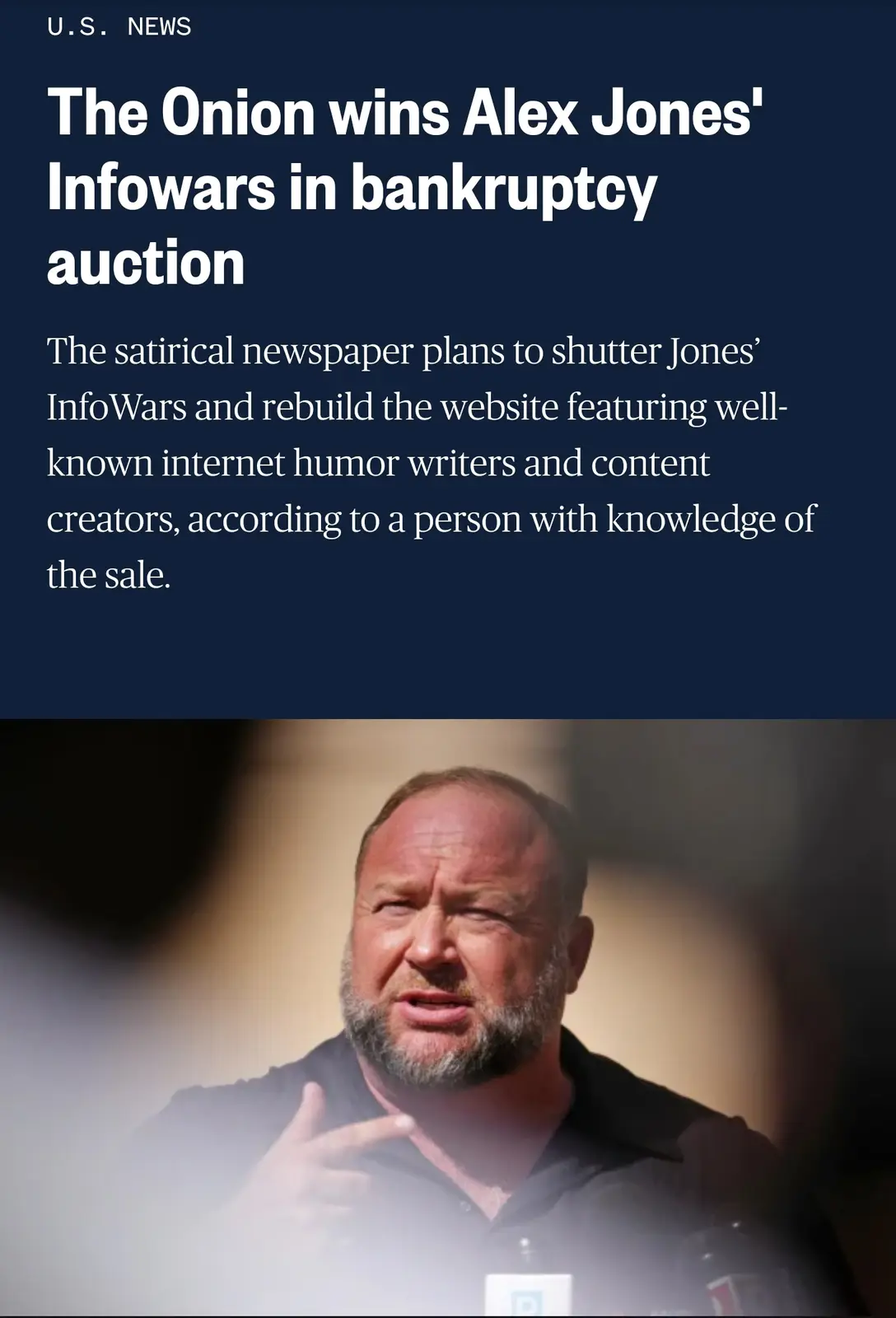 The image displays a news article headline stating 'The Onion wins Alex Jones' Infowars in bankruptcy auction' with a…