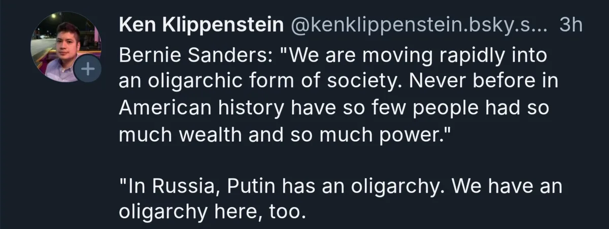 A screenshot of a social media post by Ken Klippenstein showing a quote attributed to Bernie Sanders about America becoming…