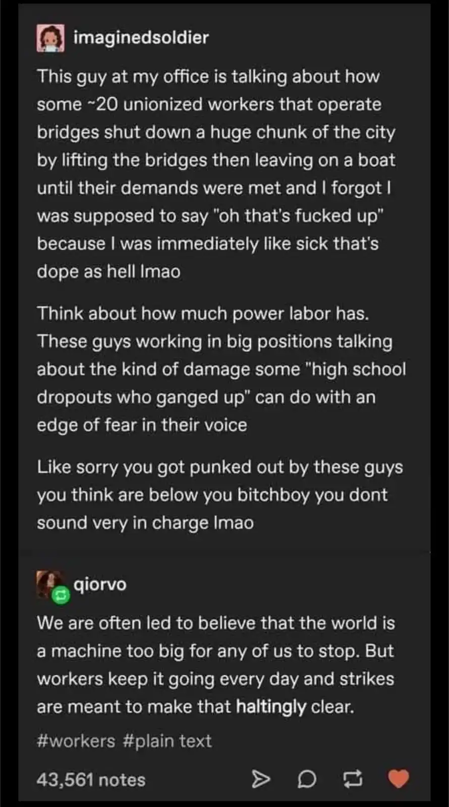 A screenshot of a Tumblr post showing a user named 'imaginedsoldier' describing how they were impressed by unionized bridge…
