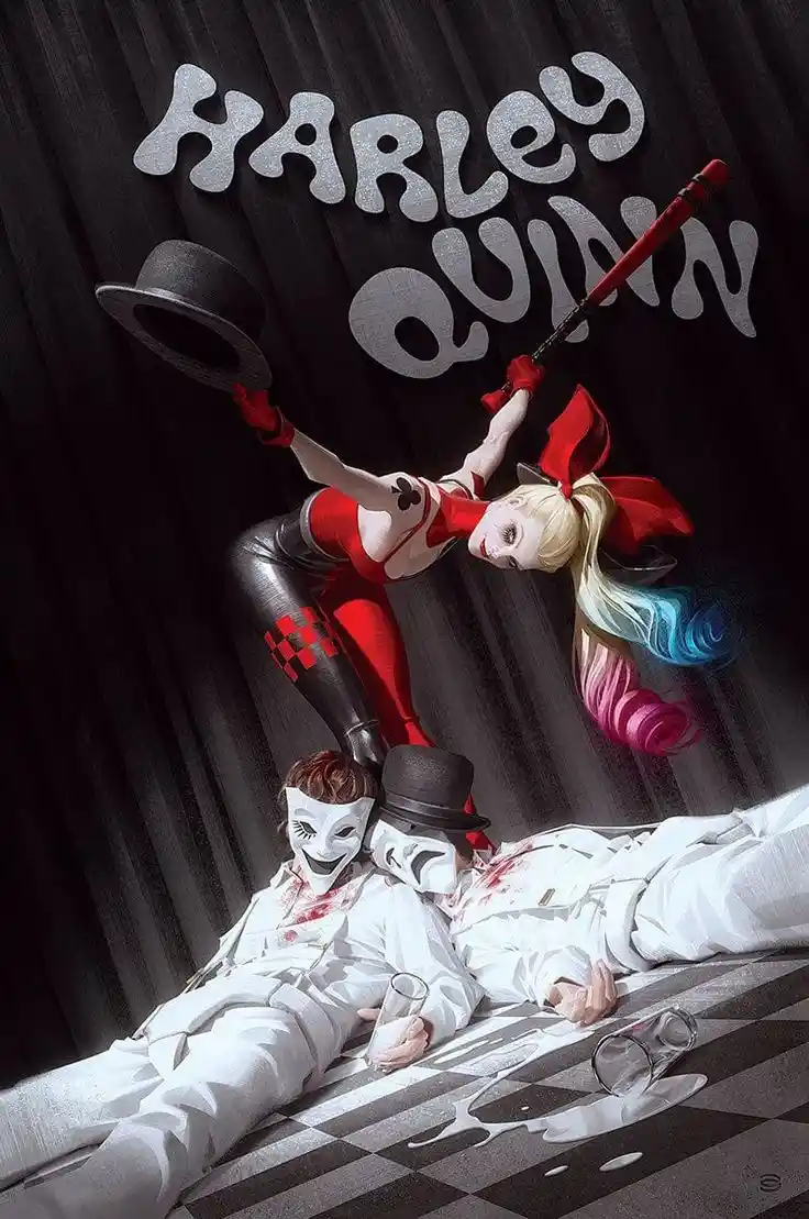A stylized illustration shows Harley Quinn in a red and black outfit, holding a red bat and a top hat, standing triumphantly…