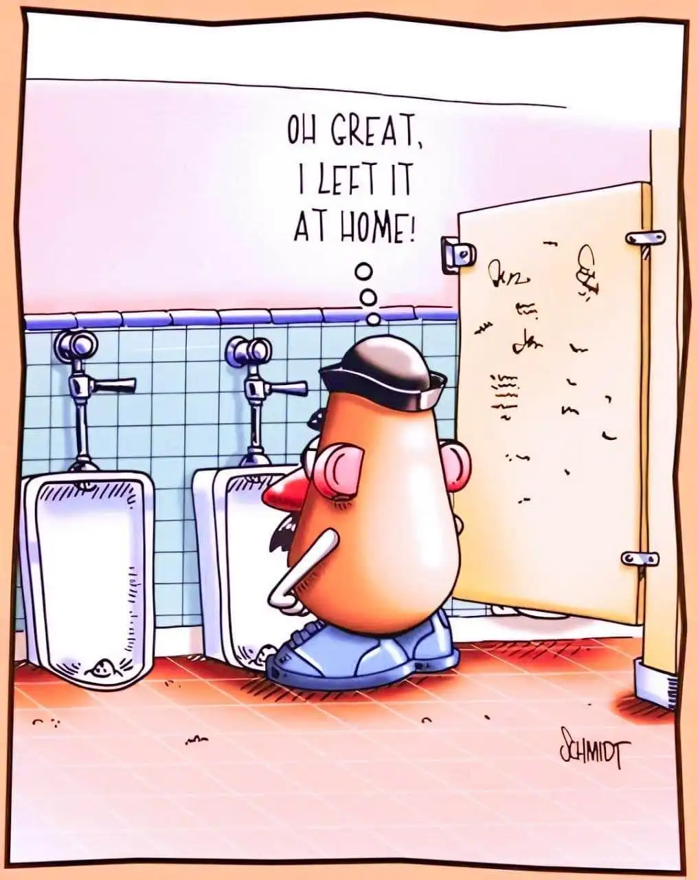 A cartoon Mr. Potato Head stands in a public restroom, facing two urinals, with a thought bubble above his head containing…