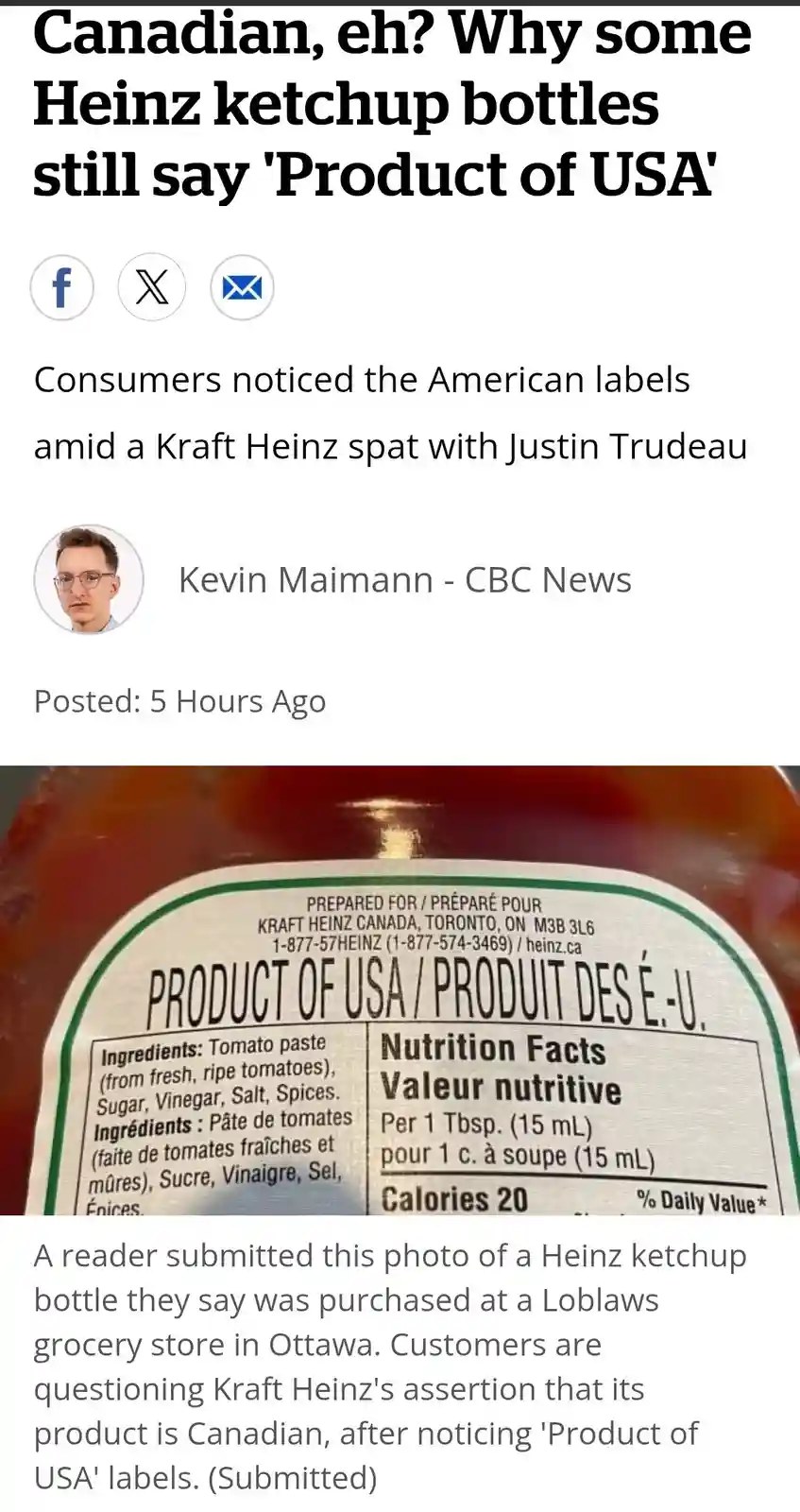 The image shows a close-up of a Heinz ketchup bottle label that reads 'PRODUCT OF USA / PRODUIT DES É.-U.' despite being…