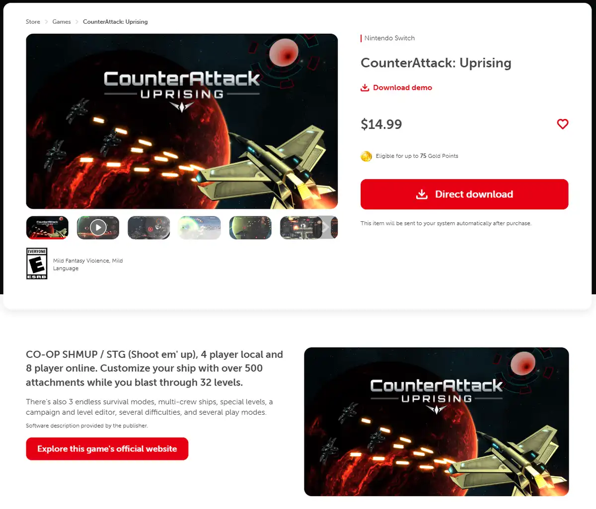 A screenshot of the Nintendo Switch storefront page for the game 'CounterAttack: Uprising', showing its cover art with a…