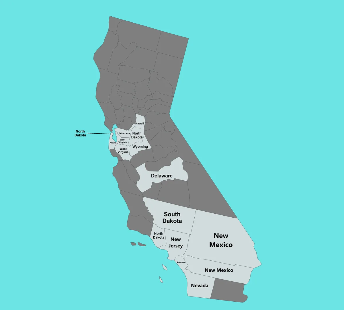 A map of California is humorously altered to show other U.S. states like North Dakota, Delaware, and New Mexico occupying…