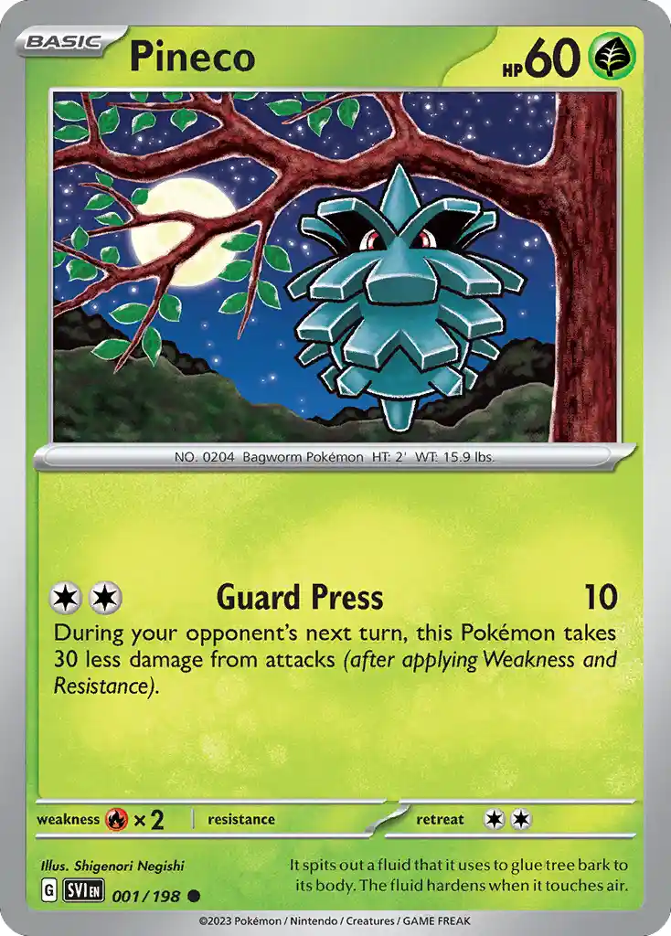 A Pokémon trading card for Pineco, a pinecone-shaped Bagworm Pokémon, shows it hanging from a tree branch under a full moon…
