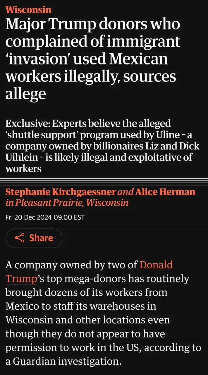 The image displays a screenshot of a Guardian news article with a black background and white/orange text. The headline reads…