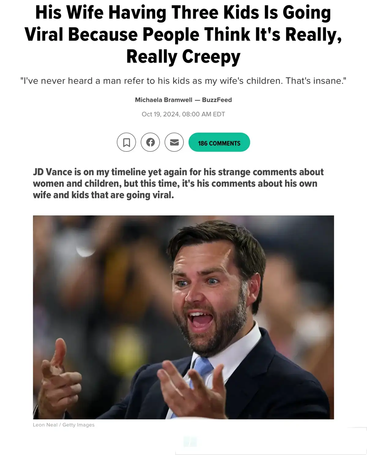 A screenshot of a BuzzFeed article about JD Vance's controversial comments, featuring a photo of him with an exaggerated…