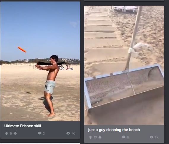 The image is split into two panels. Left: A shirtless man on a sandy beach throws an orange frisbee under a clear blue sky…