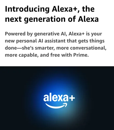 The image displays a promotional graphic for 'Alexa+', featuring bold black text at the top announcing it as 'the next…