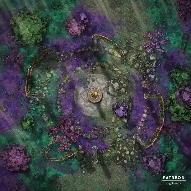 An overhead fantasy map depicts a circular stone courtyard with a central statue, surrounded by overgrown paths, purple and…