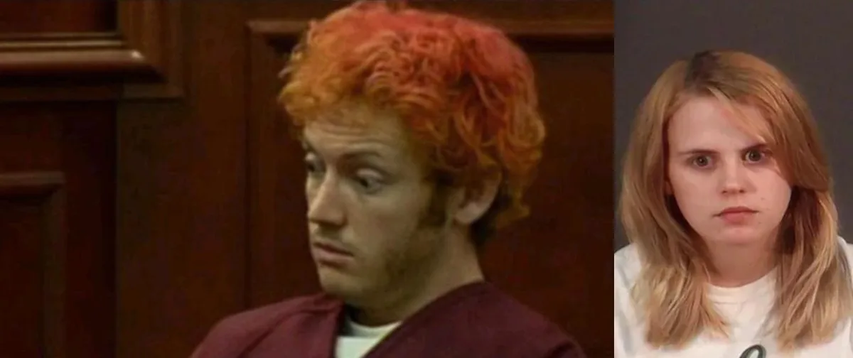 The image is a side-by-side split: on the left, a man with curly red hair in a maroon prison jumpsuit looks confused or…