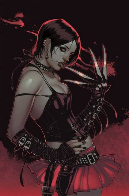 A stylized illustration of a woman with dark hair, pale skin, and a gothic aesthetic, wearing a black top, studded belt, and…